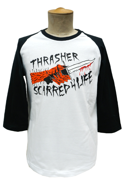 THRASHER SCARRED 3/4RAGLAN.TEE WHT
