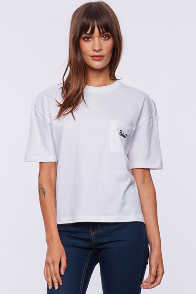 REBEL8 Lakeview Embroidered Pocket Ladies Tee White