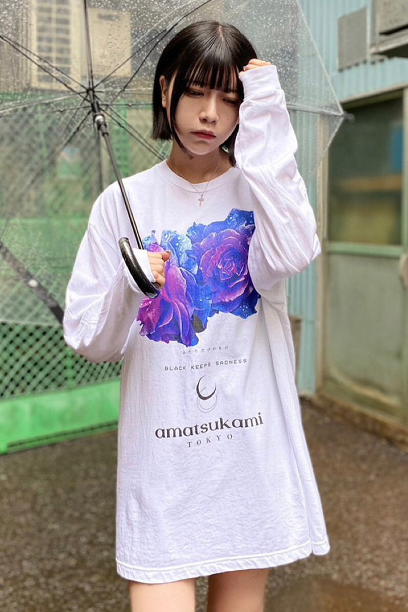 アマツカミ 雨薔薇／Rainrose  L/S T-shirt WHITE