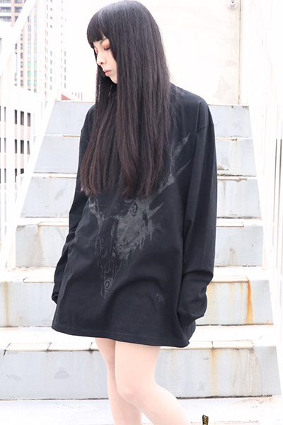 ガリュウホンポ 鹿ロングTシャツ改 黒×黒