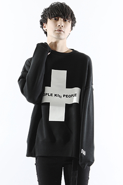 SILLENT FROM ME CROSS -Loose Crew Sweat- BLACK/WHITE