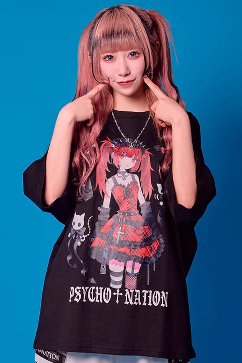 寝田ルネ×PSYCHO NATION (サイコネーション) パンク  TEE - Black