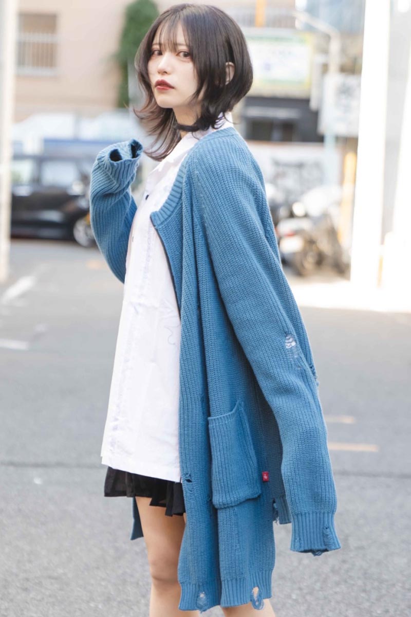 VIRGO ATS DAMAGE KNIT ZIP CARDIGAN BLUE / ロックファッション