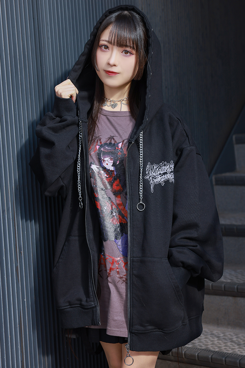 【予約商品】七瀬つむぎ×PSYCHO NATION×ゲキクロ コラボ・オーバーサイズ・ジップ・アップ・パーカー - Black