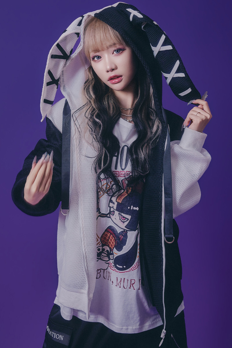 PSYCHO NATION(サイコ・ネーション) メッシュうさ耳ZIP・パーカー - Black × White