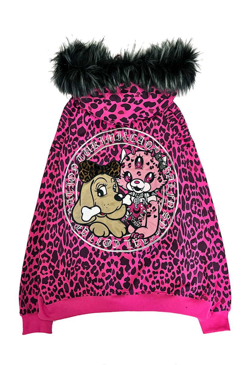 つきみ×GALFY×GEKIROCK CLOTHINGコラボ 一生仲仔♡ファー付パーカー - Pink