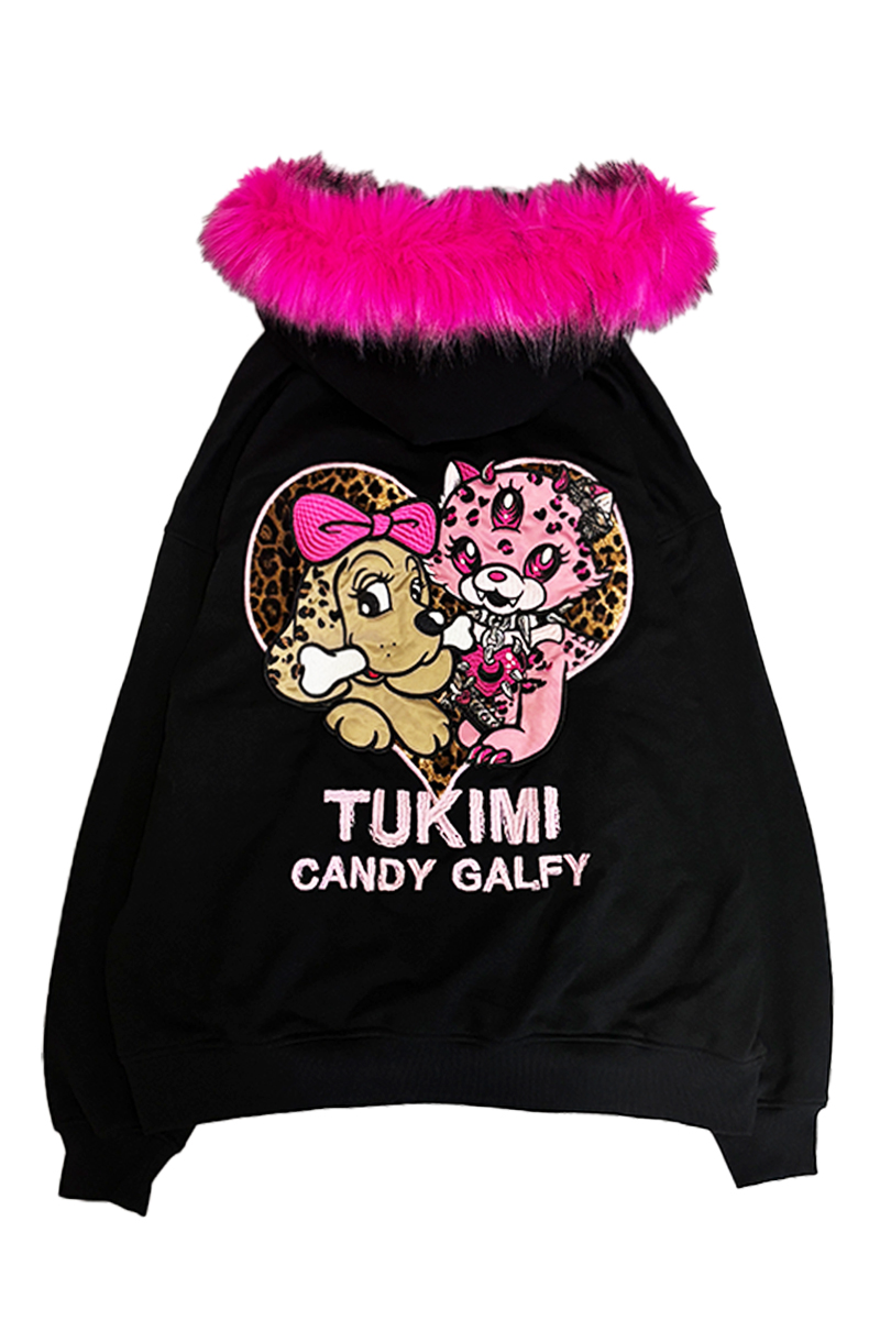 つきみ×GALFY×GEKIROCK CLOTHINGコラボ 一生仲仔♡ファー付パーカー - Black