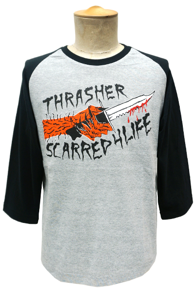 THRASHER SCARRED 3/4RAGLAN.TEE GRY