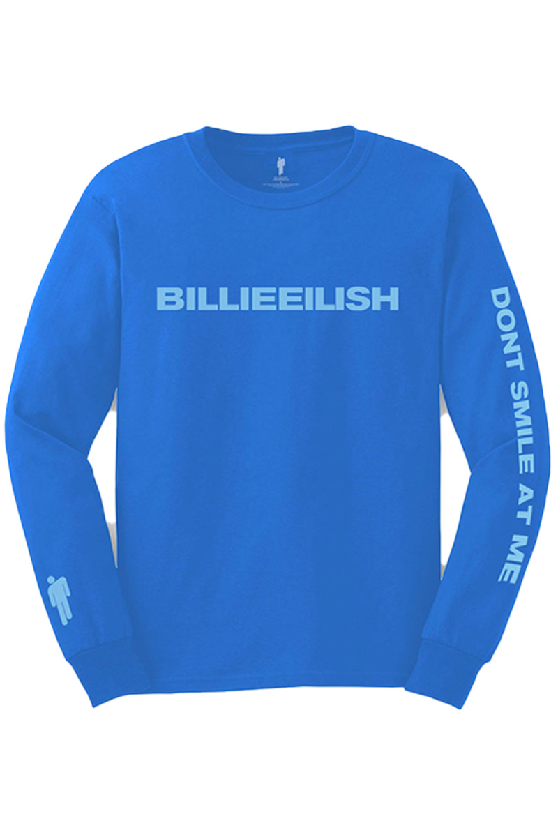 BILLIE EILISH UNISEX LONG SLEEVED TEE: SMILE (BACK & ARM PRINT) BLUE