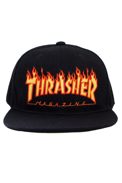THRASHER 19TH-C17 FLAME LOGO ポリエステルサージ平ツバキャップ BLACK