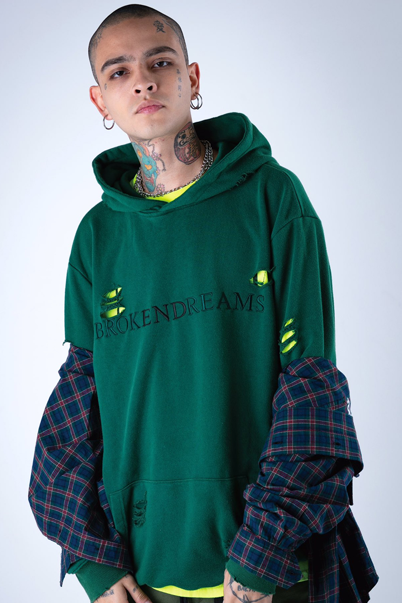 LILWHITE(dot) LW-20SS-SW02 "LOSER" DAMAGED HOODIE (GRN)