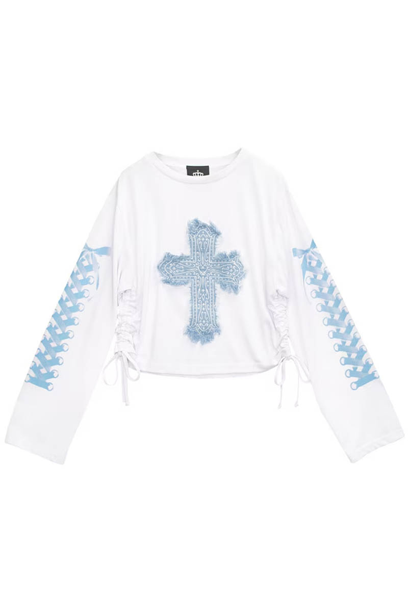 LISTEN FLAVOR (リッスン・フレーバー) 十字架y2kシャーリング・トップス - White