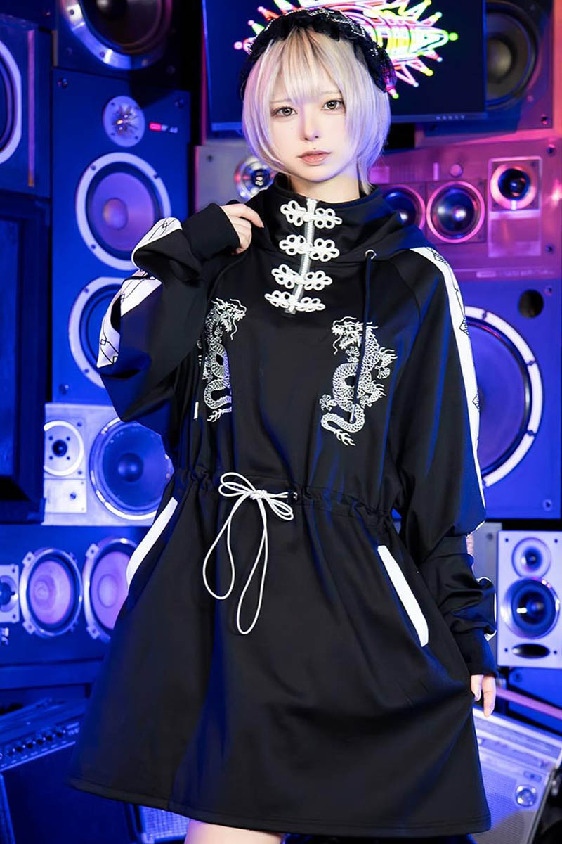 LISTEN FLAVOR (リッスン・フレーバー) ドラゴン・チャイナ・ジャージ・ワンピ WhiteXBlack