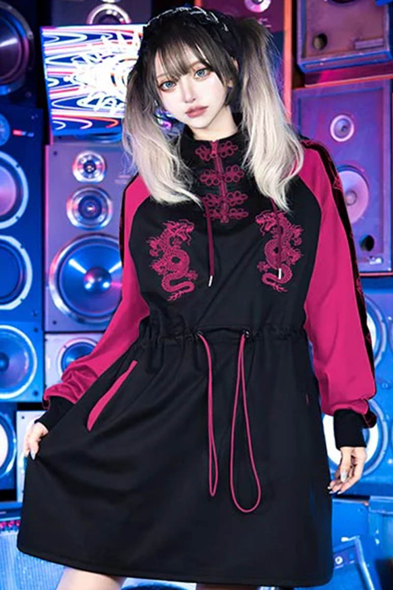 LISTEN FLAVOR (リッスン・フレーバー) ドラゴン・チャイナ・ジャージ・ワンピ PinkXBlack