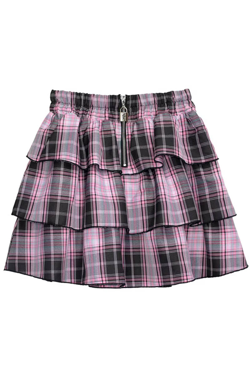 LISTEN FLAVOR (リッスン・フレーバー) センター・ジップ・ティアード・スカート - Pink Check