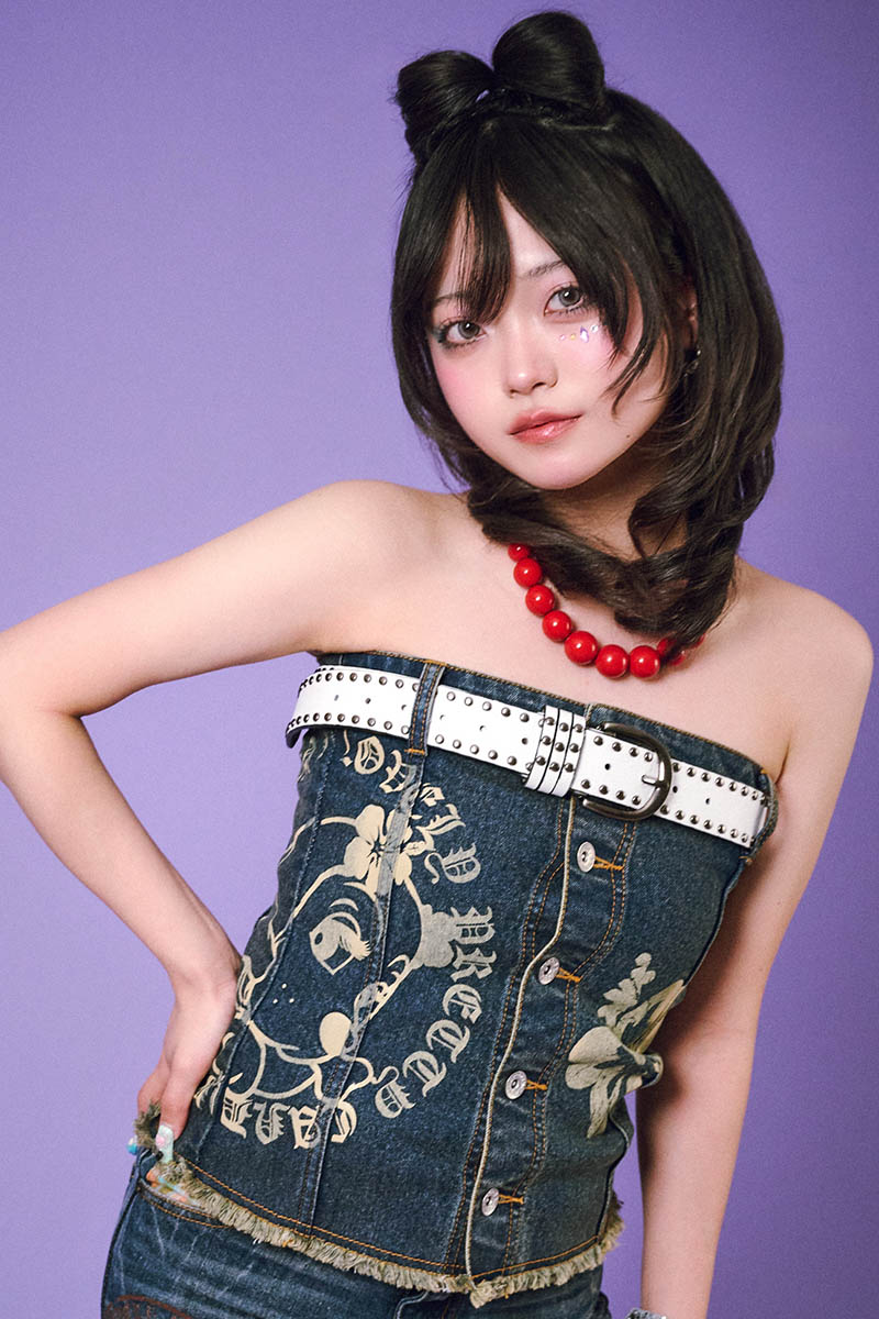 【予約商品】GALFY (ガルフィー) ぎゃるちゃんデニムベアトップ - Vintage Indigo