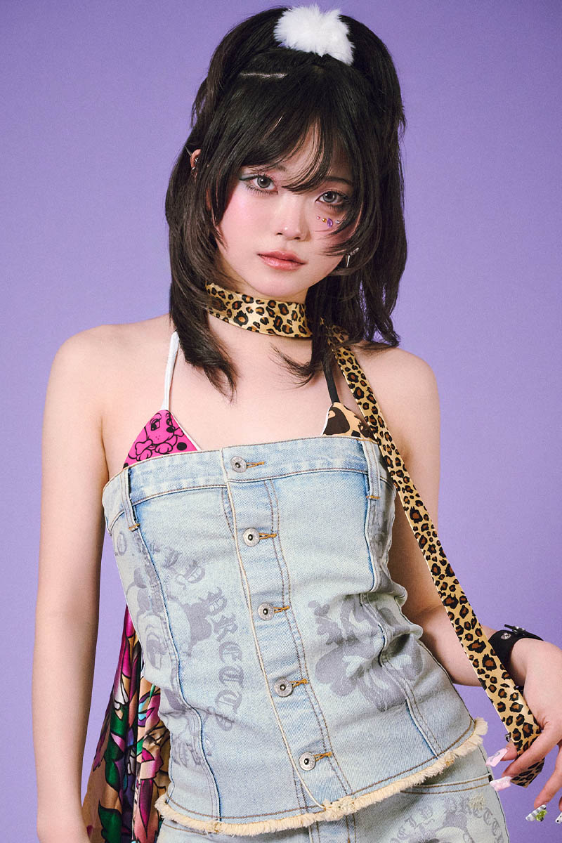 【予約商品】GALFY (ガルフィー) ぎゃるちゃんデニムベアトップ - Ice Blue