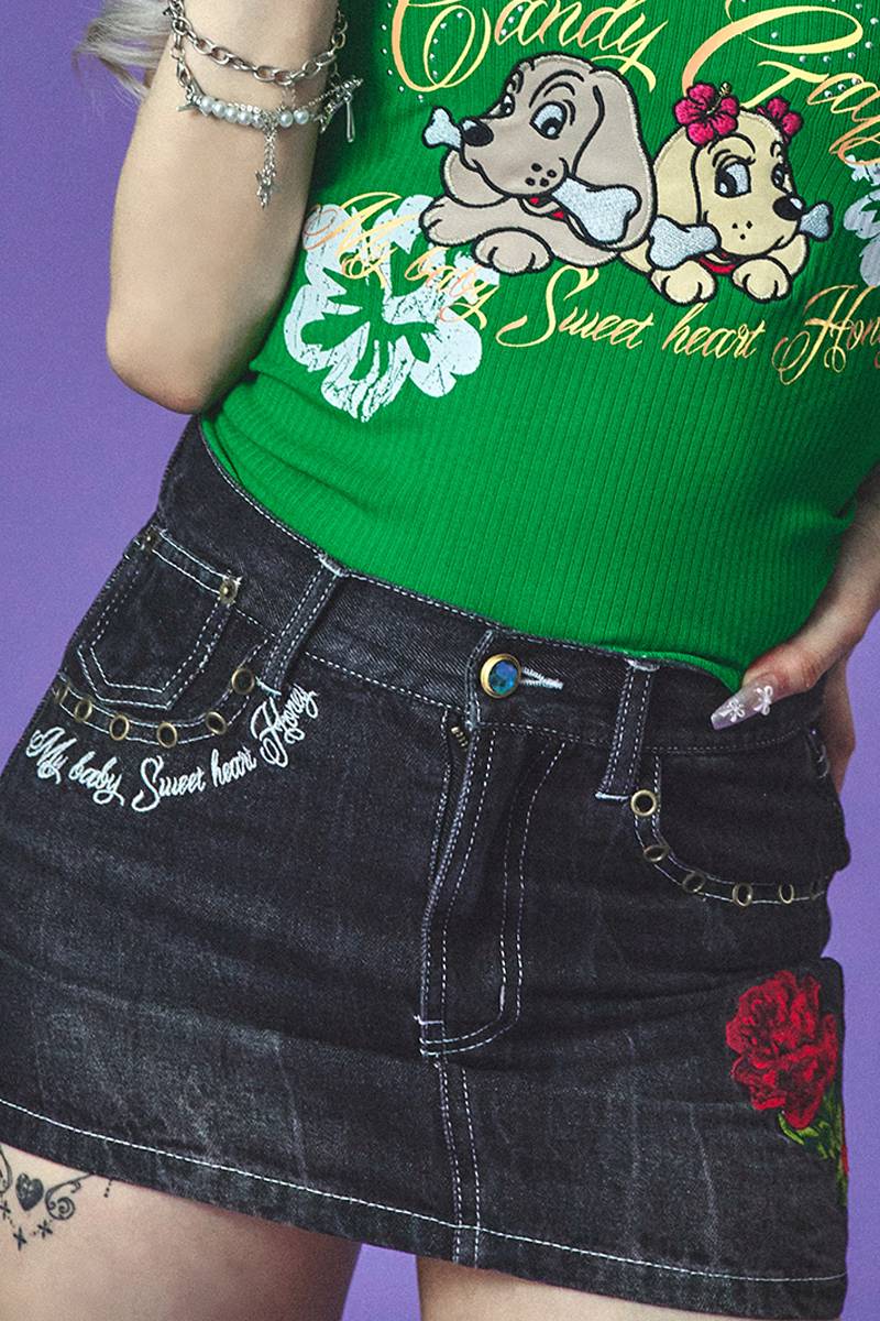 GALFY (ガルフィー) GAL 薔薇デニムミニ - Vintage Black
