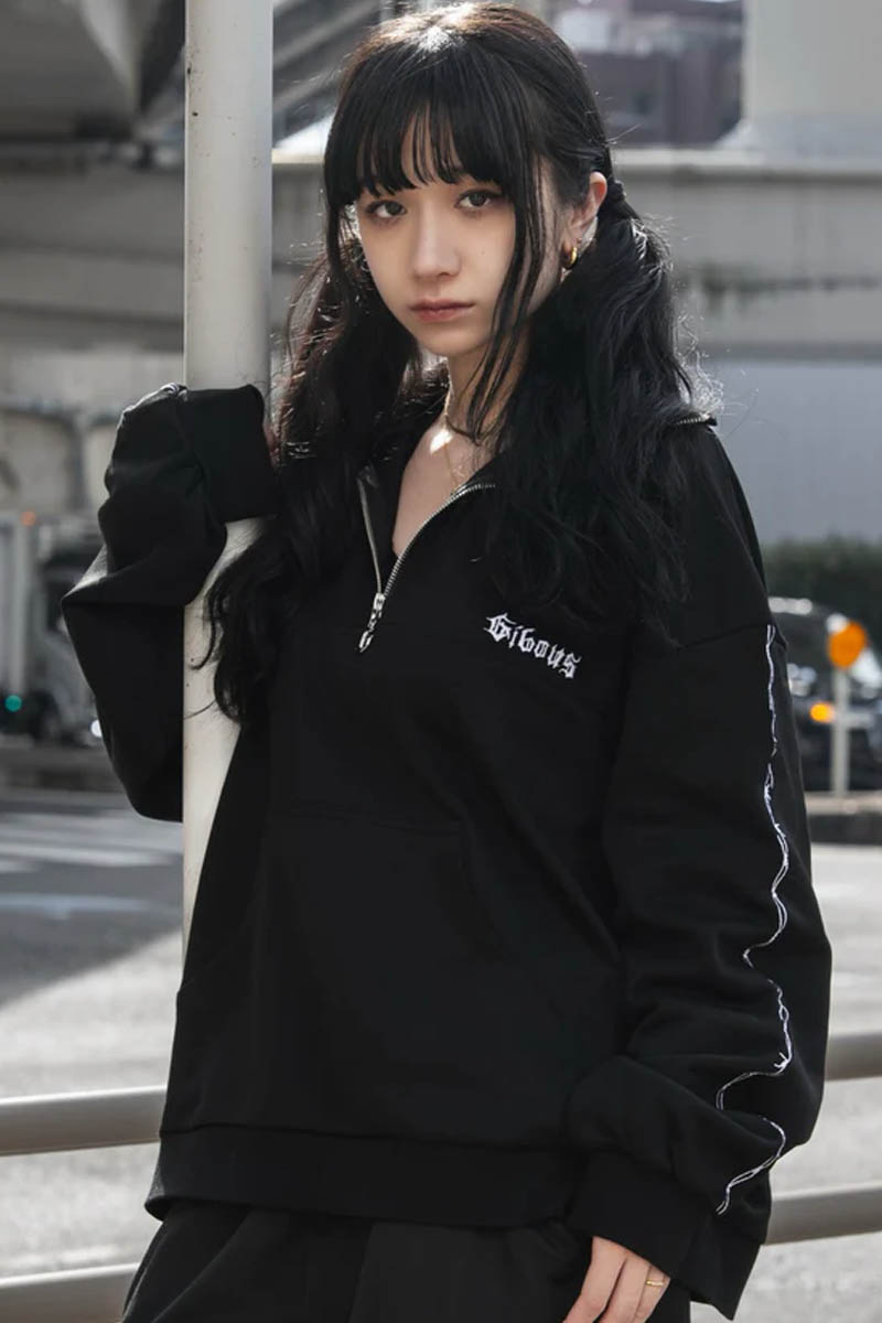 gibous (ギボス) barbed wire halfzip sweat - Black