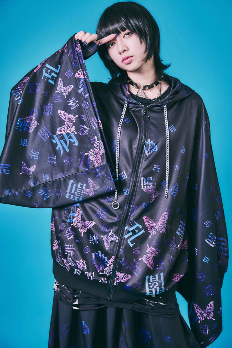 PSYCHO NATION(サイコ・ネーション) 振袖ZIPパーカー - Black漢字柄