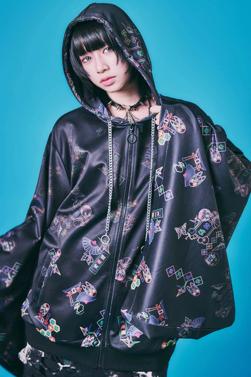 PSYCHO NATION(サイコ・ネーション) 振袖ZIPパーカー - Blackネオン柄