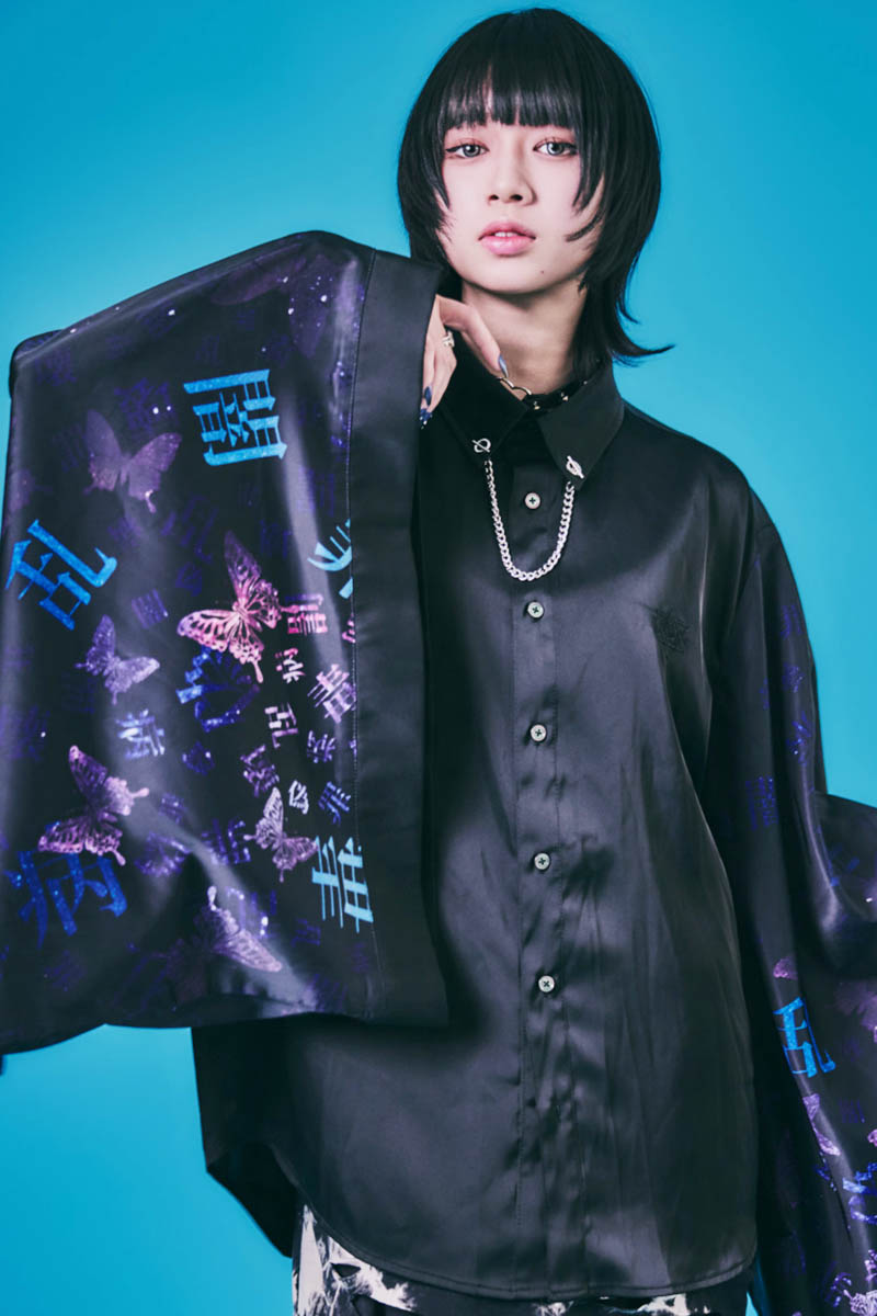 PSYCHO NATION(サイコ・ネーション) 振袖チェーン・シャツ - Black漢字柄