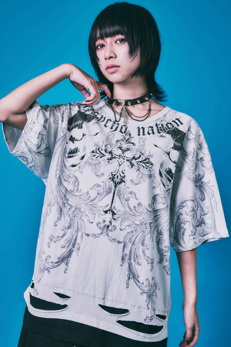 PSYCHO NATION(サイコネーション) スカルレイヤーダメージTEE - White