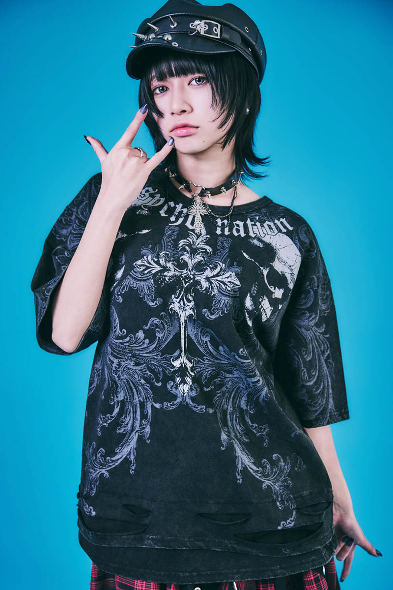 PSYCHO NATION(サイコネーション) スカルレイヤーダメージTEE - Wash Black