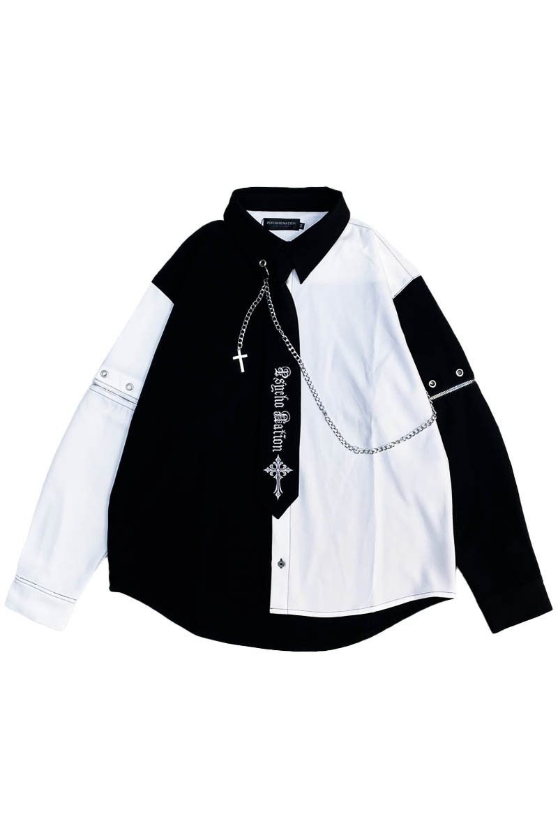 PSYCHO NATION (サイコネーション) タイ付きチェーン・シャツ - Black×White
