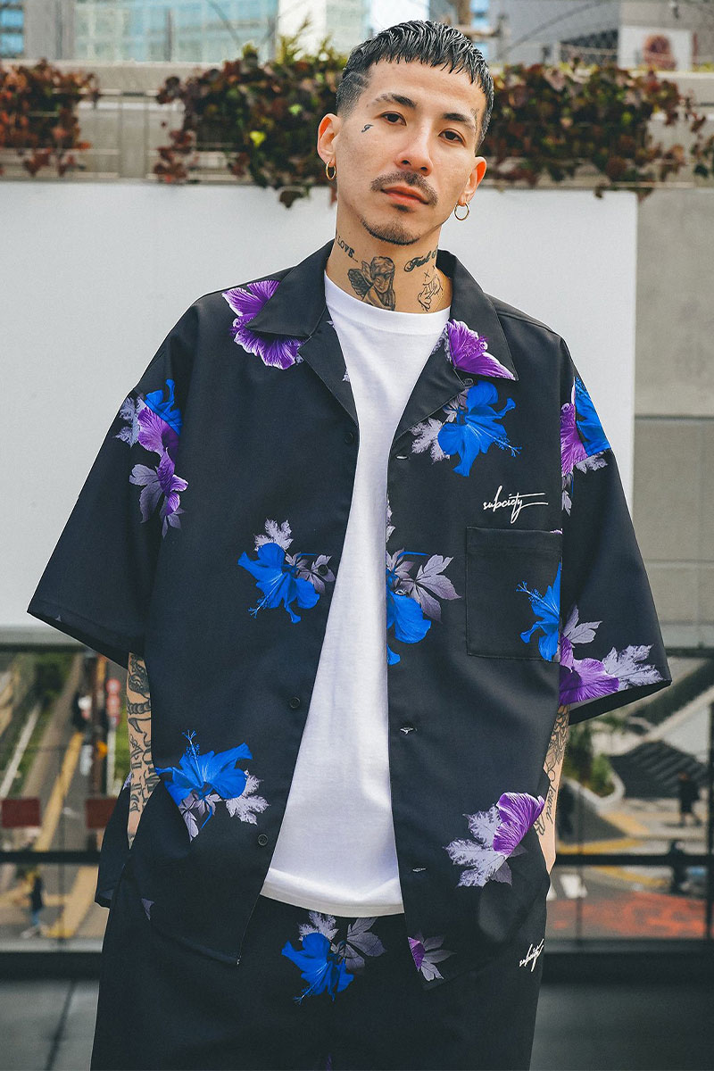 Subciety (サブサエティ)FLOWER PATTERN SHIRT BLACK×PURPLE