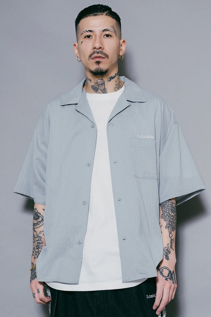  Subciety(サブサエティ) OPEN COLLAR STRIPE SHIRT GRAYBLUE
