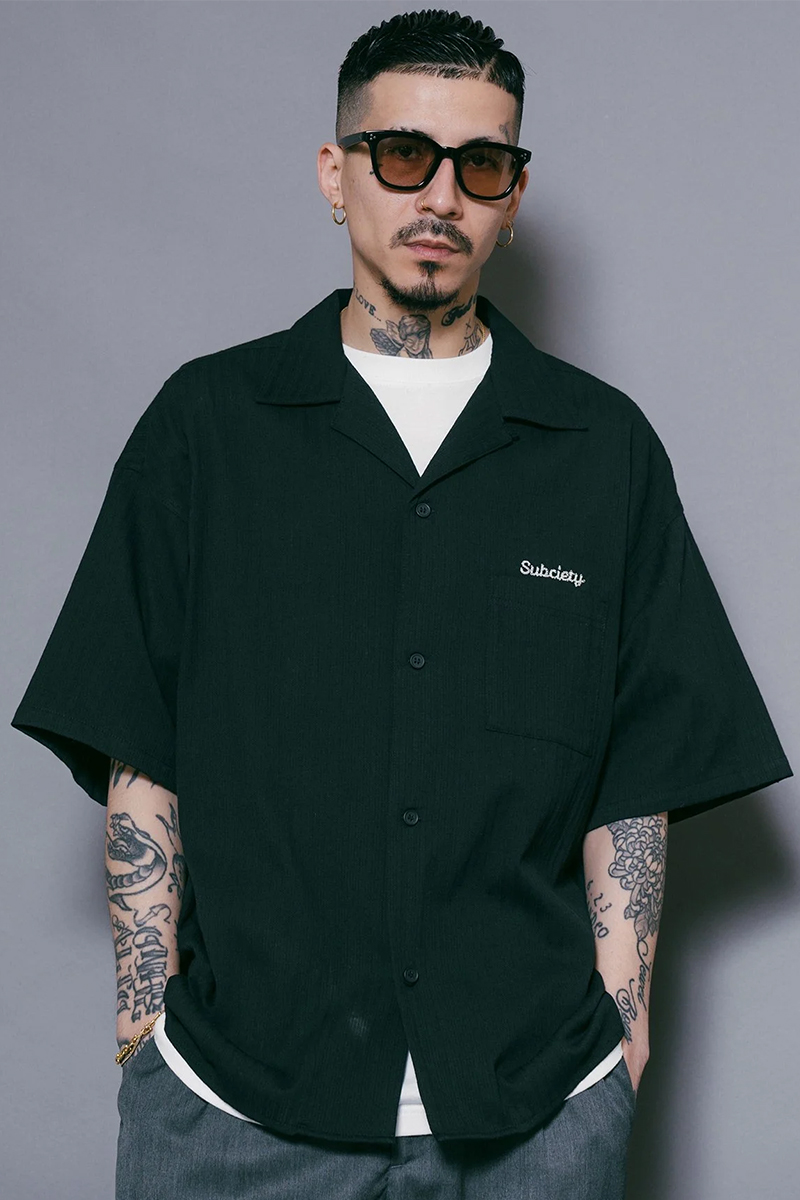 Subciety(サブサエティ) OPEN COLLAR STRIPE SHIRT BLACK