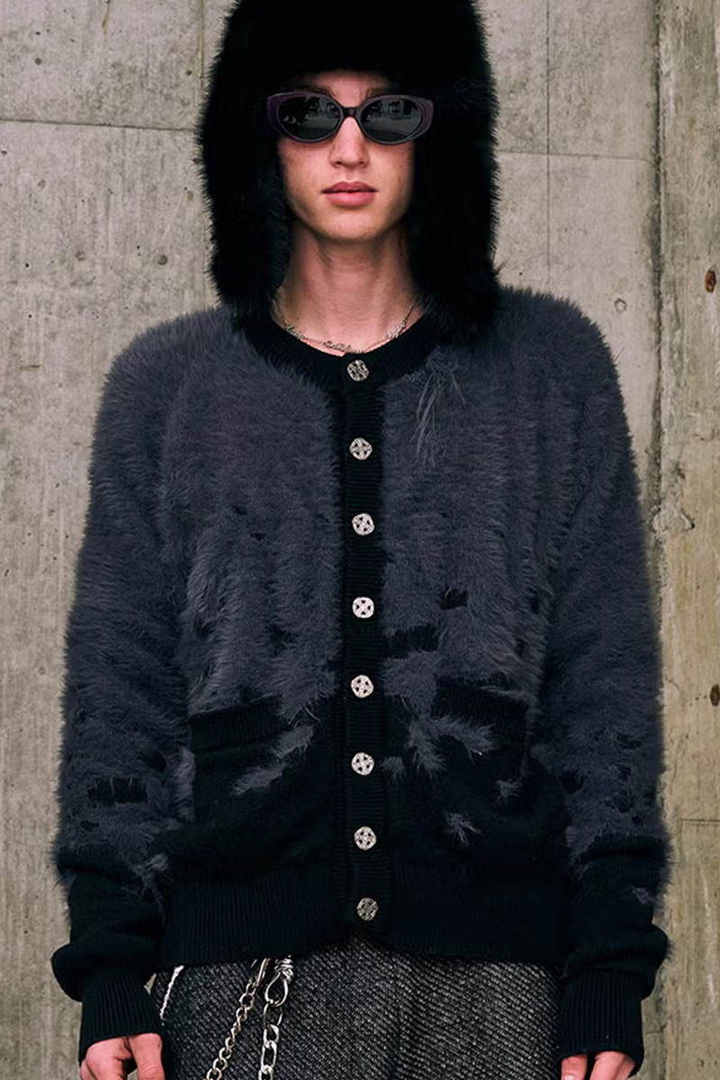 【予約商品】A Good Bad Influence SHATTERED DUAL YARN SHAGGY CARDIGAN - Black