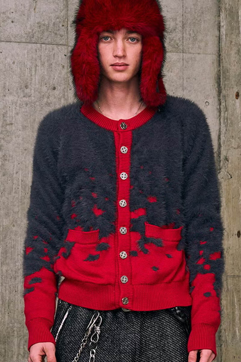 【予約商品】A Good Bad Influence SHATTERED DUAL YARN SHAGGY CARDIGAN - Red