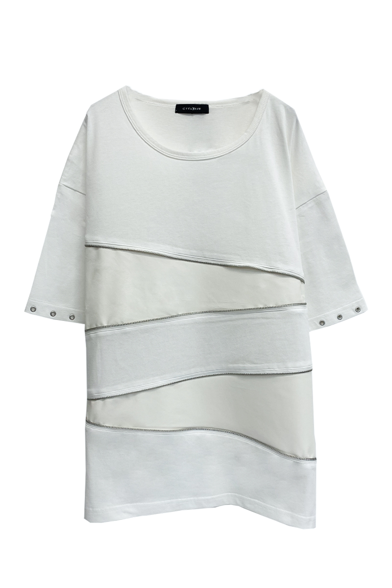 CIVARIZE【シヴァーライズ】 PUレザー切り替えZIPデザインTシャツ WHITE