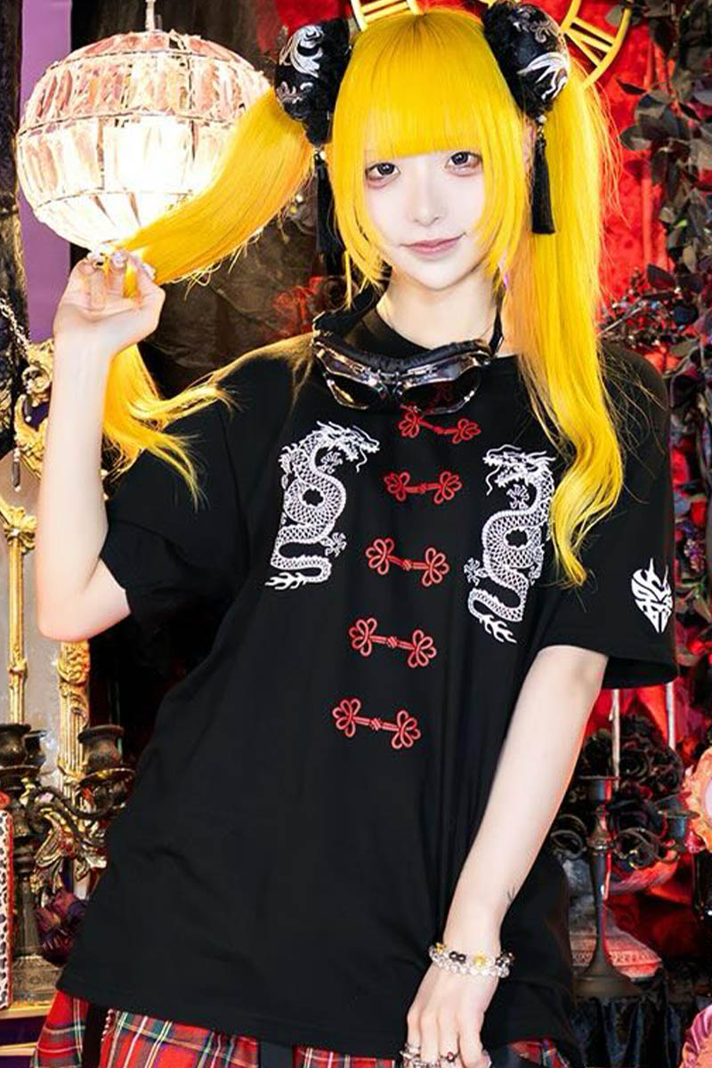 LISTEN FLAVOR (リッスン・フレーバー) ドラゴン・チャイナTシャツ BlackXRed