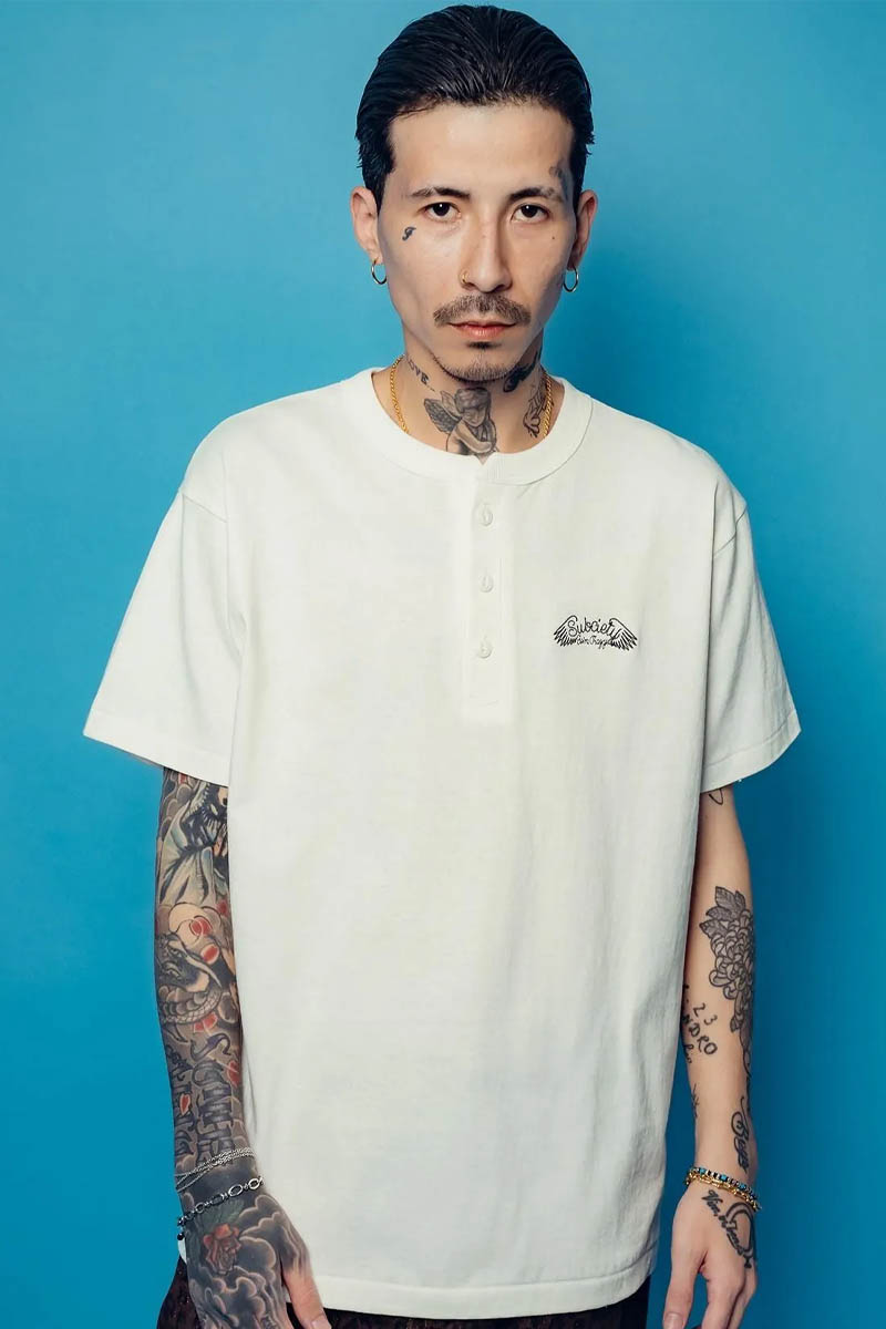 Subciety (サブサエティ) Henley neck tee - White