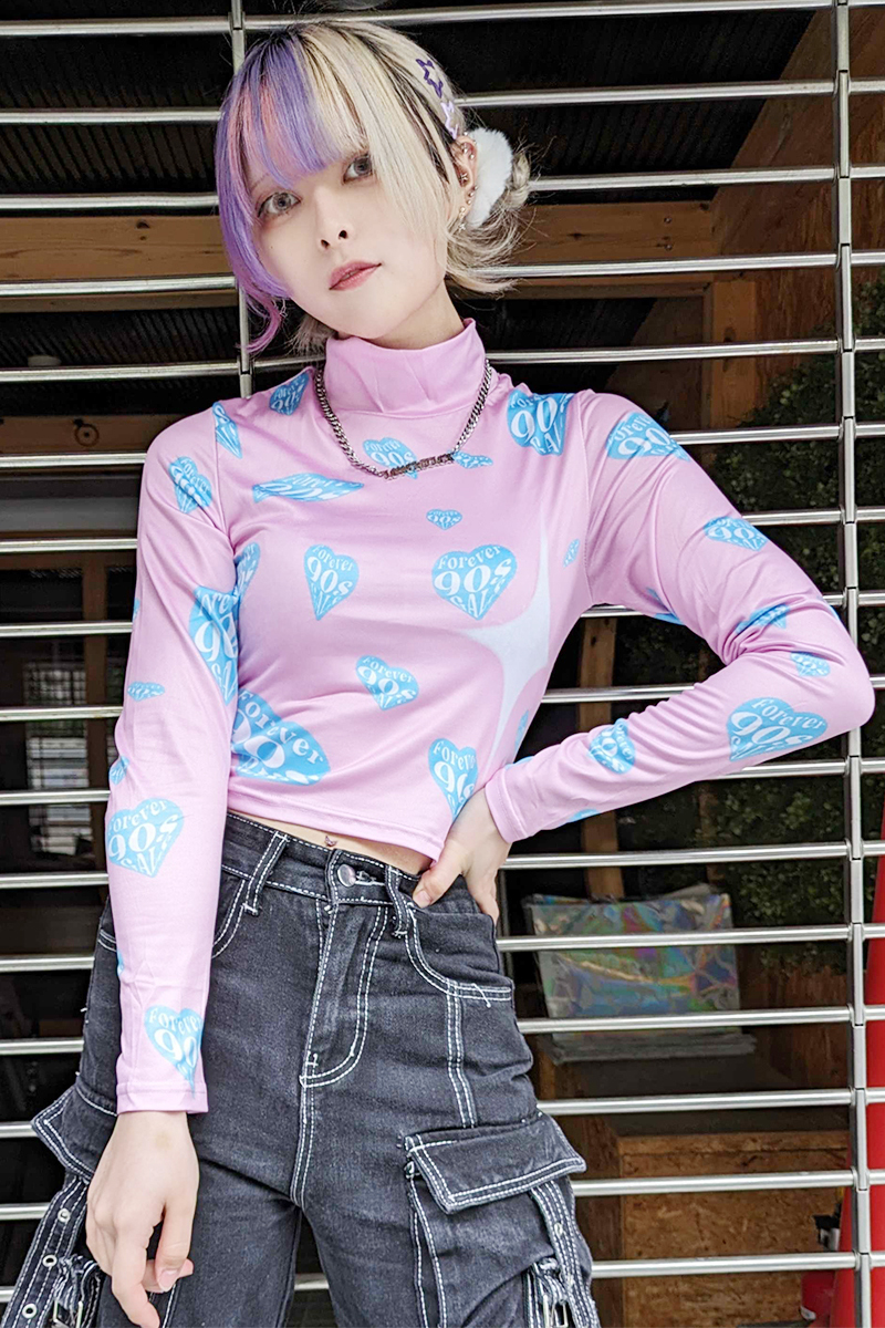 Forever 90s GALs(フォーエバーナインティーズギャルズ) Heart LOGO Mesh Top GALs Pink