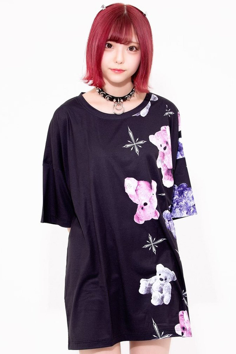TRAVAS TOKYO　バイカラー　総柄ベアTシャツ　BLACK×PURPLE