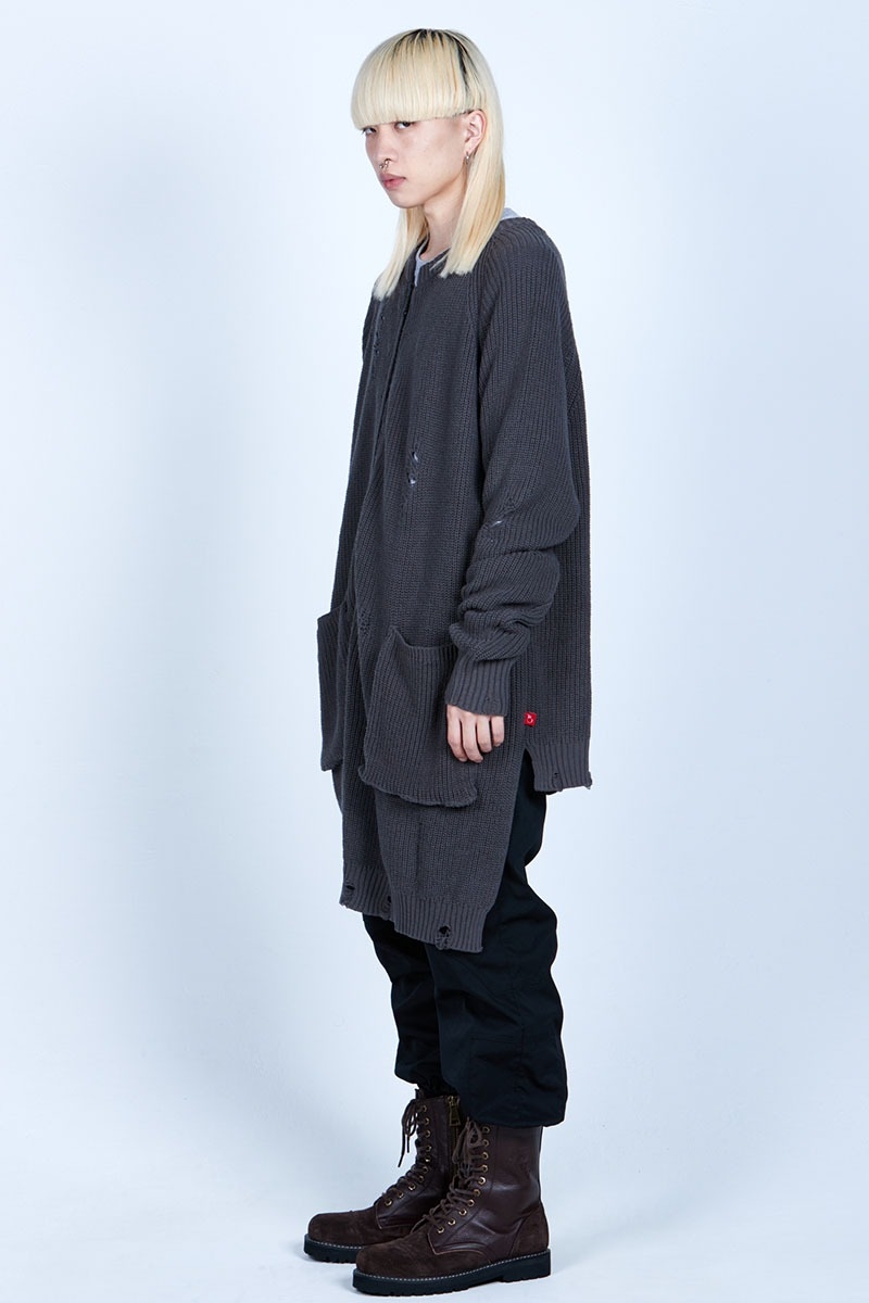 VIRGO ATS DAMAGE KNIT ZIP CARDIGAN BLACK / ロック