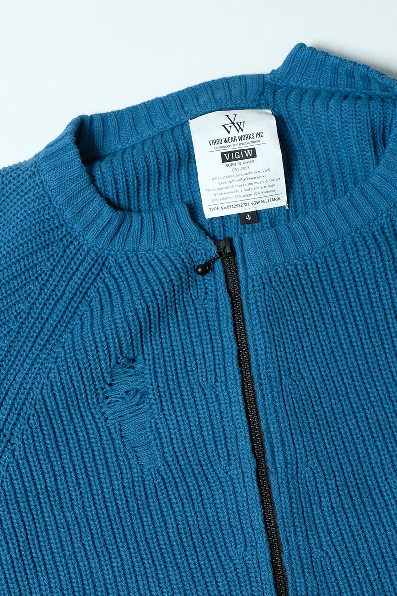 VIRGO ATS DAMAGE KNIT ZIP CARDIGAN BLUE / ロックファッション