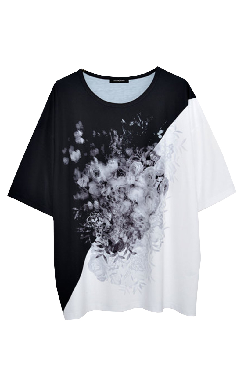 CIVARIZE【シヴァーライズ】バイカラーフラワープリントTシャツ Black×White