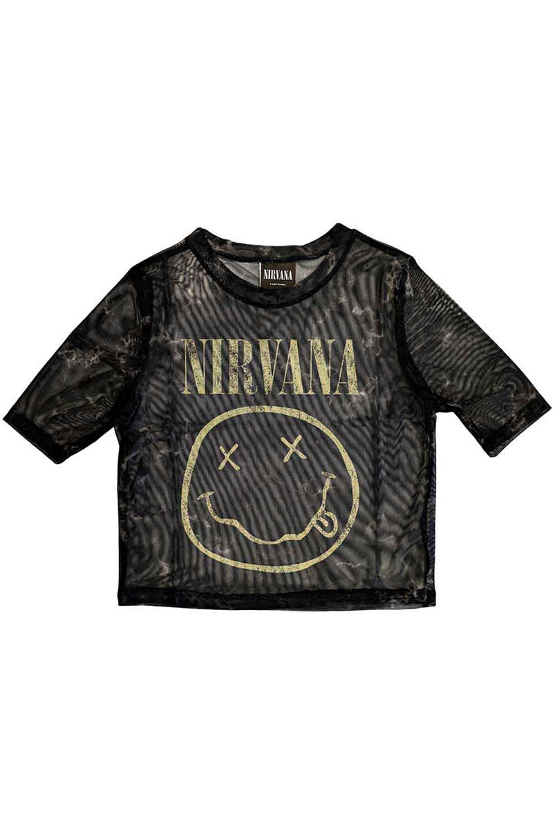 NIRVANA レディースクロップトップ : バンドTシャツ : YELLOW HAPPY FACE (MESH)