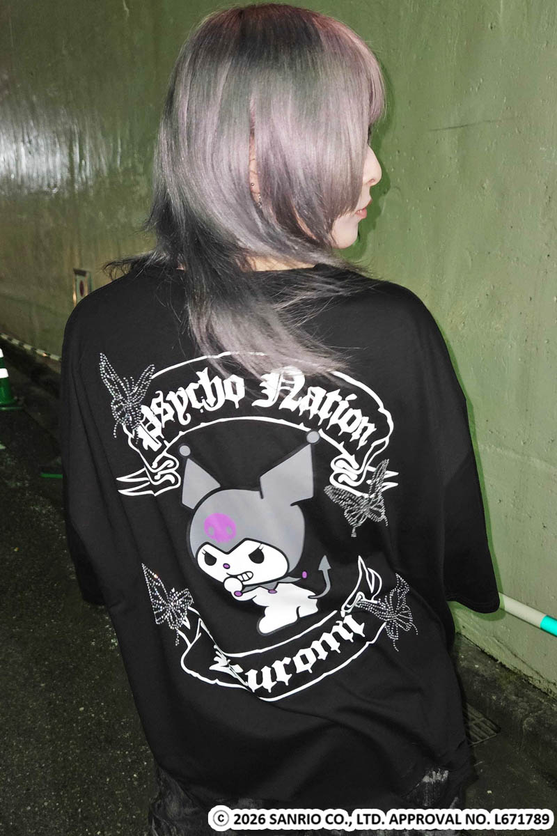 クロミ×PSYCHO NATION(サイコ・ネーション) バタフライ・ストーンTEE - Black