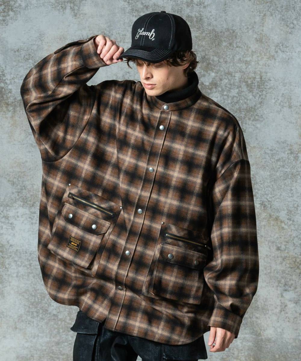 【予約商品】glamb (グラム)GB0325/SH09 : 4XL Stand Collar Shirt - Brown