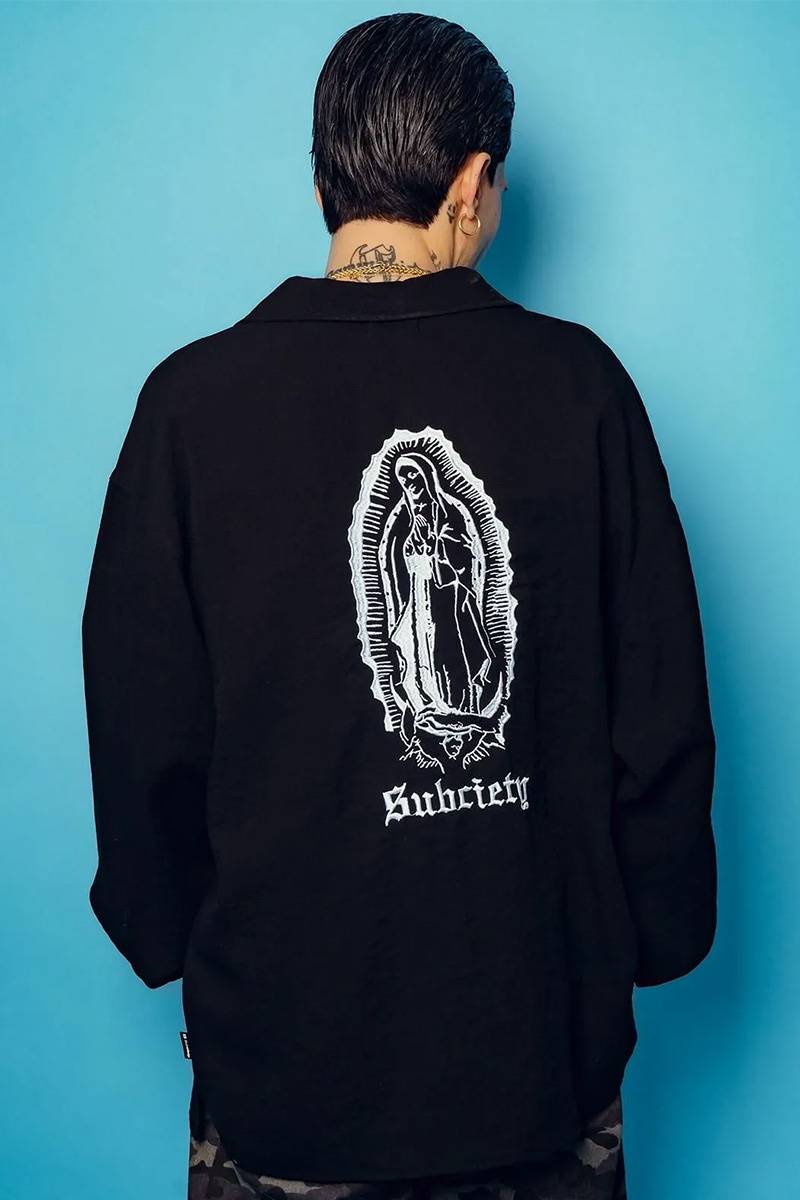 Subciety (サブサエティ) Embroidery Maria open collar shirt - Black
