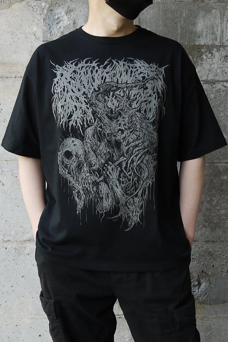 ロックファッション、バンドTシャツ のGEKIROCK CLOTHING Gluttonous Slaughter(グラトナススローター)  Ghoulish Harvest ビッグシルエットTシャツ BLACKxGRAY