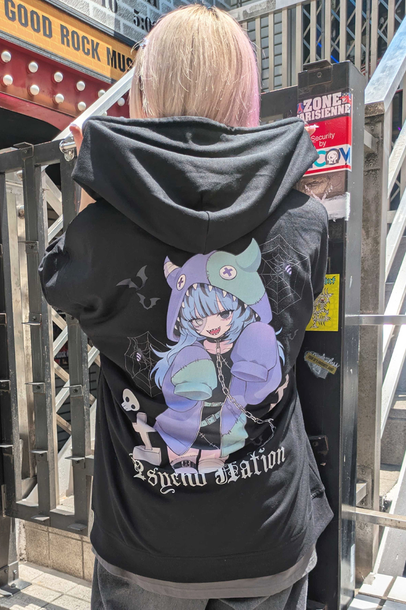 寝田ルネ×PSYCHO NATION (サイコ・ネーション)  ゾンビ ZIPパーカー - Black