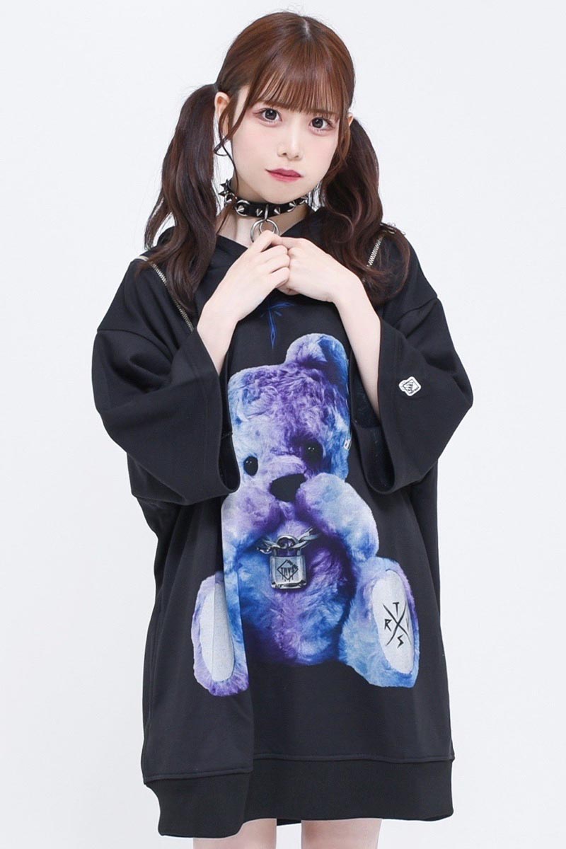 TRAVAS TOKYO【トラバストーキョー】 Punkish bear shoulder zip H/S hoodie Black×Blue