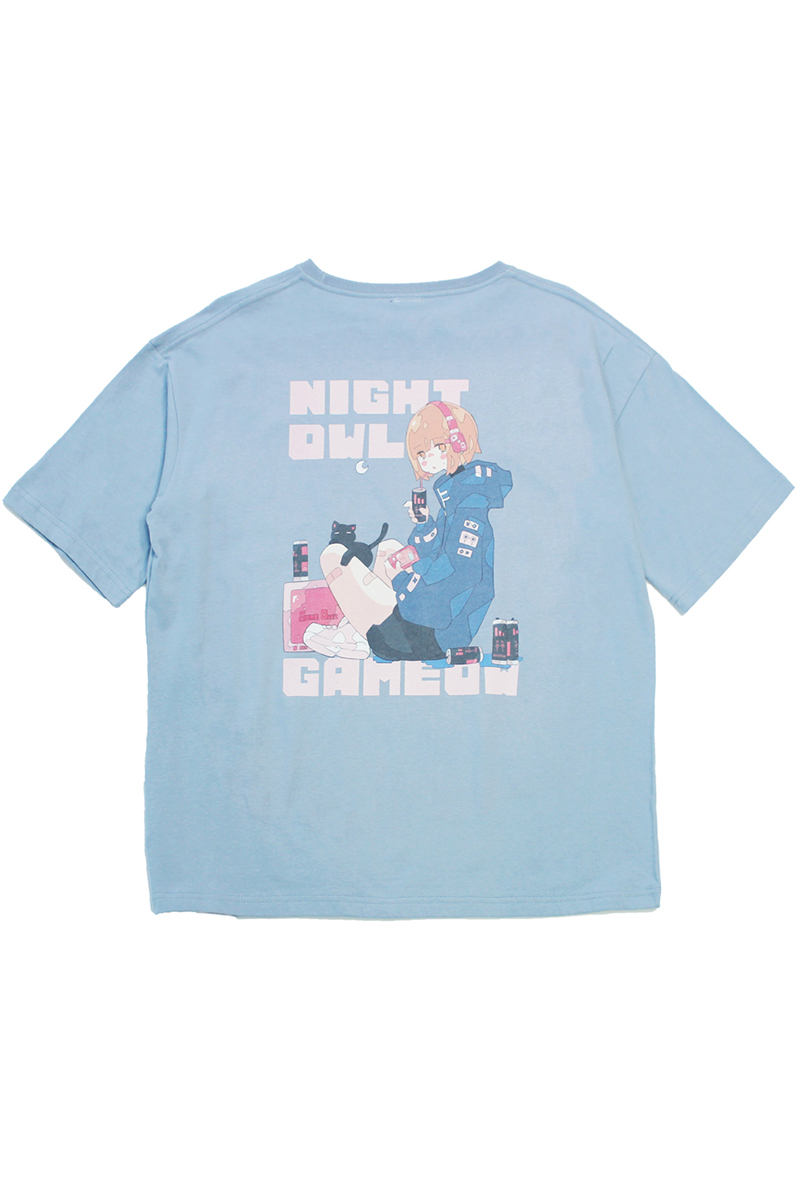 FACT101(ファクト・イチマルイチ) 『夜更かしゲーミャー』 ビッグシルエットTシャツ BLUE